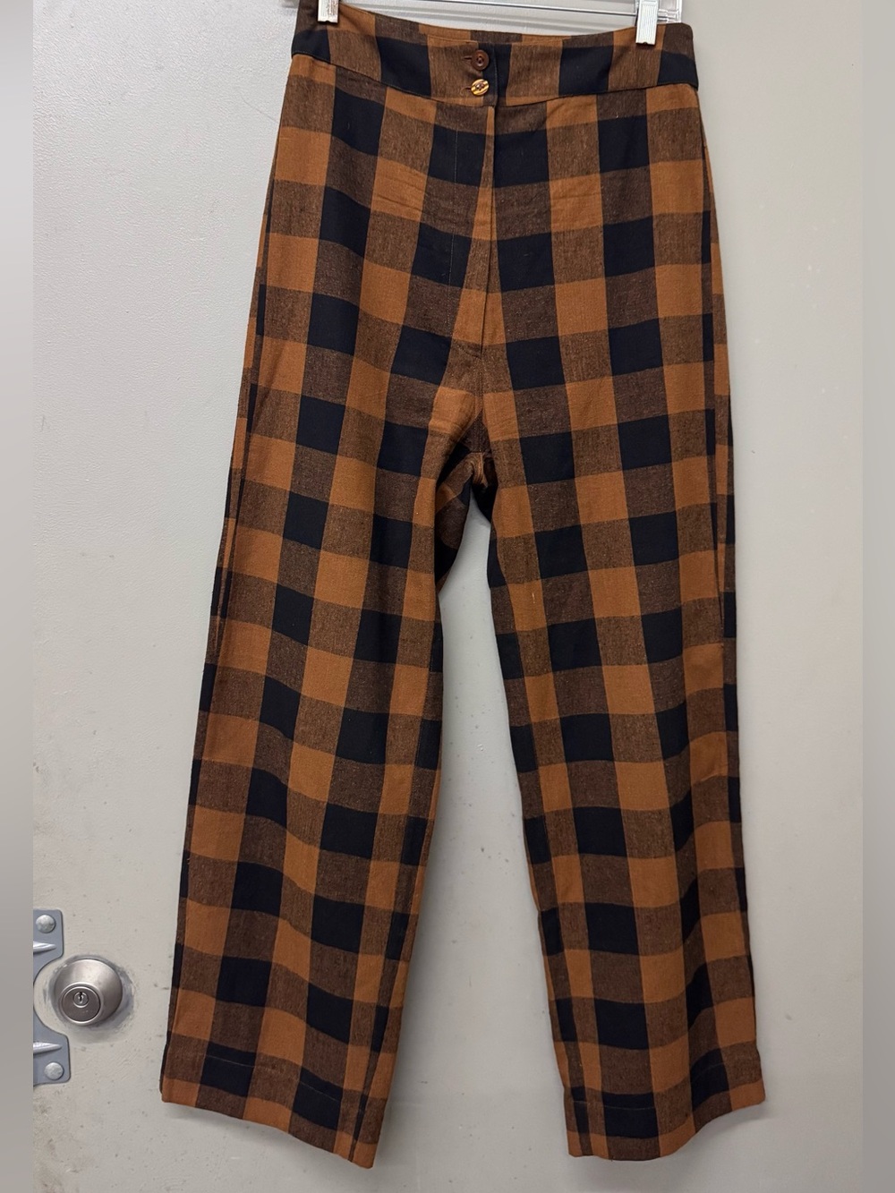 Ali Golden SILK FLY FRONT PANT in COPPER/BLACK PLAID Size M